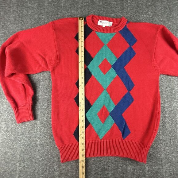 Vintage Parker Of Vienna Pullover Sweater Mens Sz L Red Geometric 100% Cotton - Picture 8 of 9